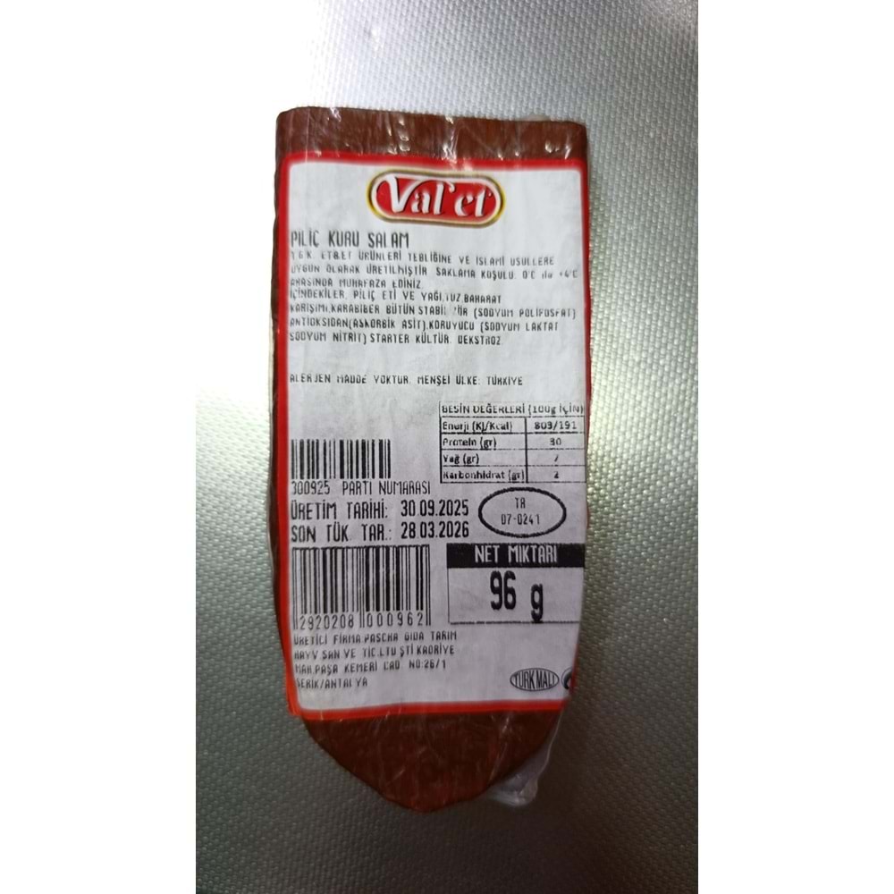 VAL-ET PİLİÇ KURU SALAM PRESLENMİŞ 0.095 - 0.105 GR