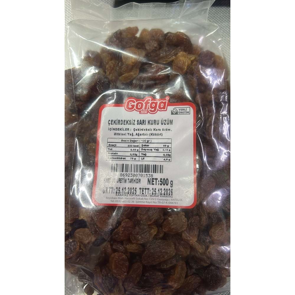 GOFGA ÇEKİRDEKSİZ SARI KURU ÜZÜM 500G